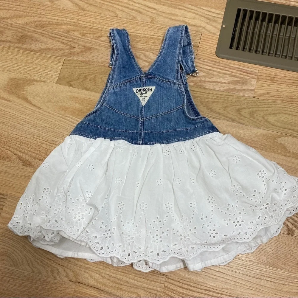 OshKosh Eyelet Denim Overall Dress Sz 2T White Dressall Jean White Lace Girls